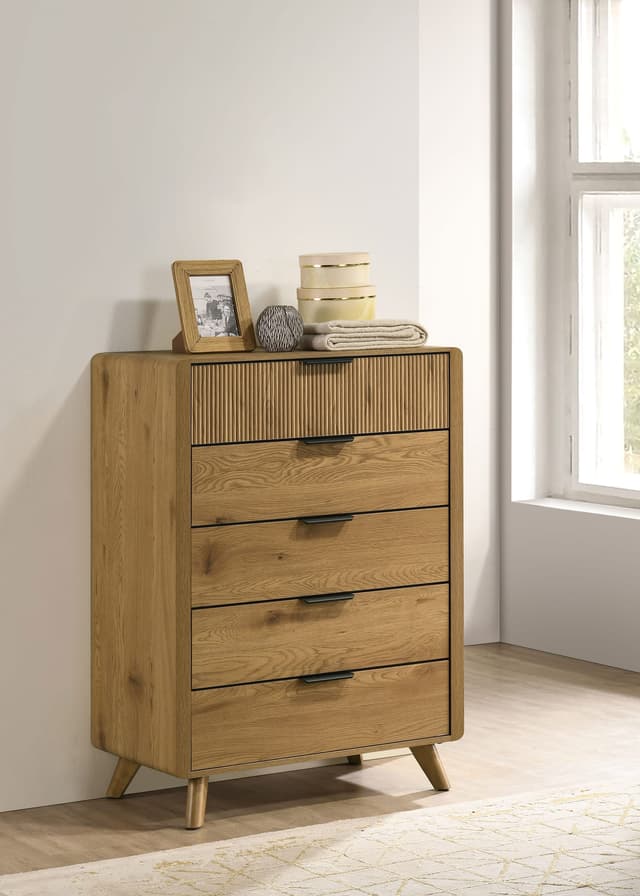 Bennett Mid-Century 5-Drawer Rubberwood Chest Light Oak — photo 2