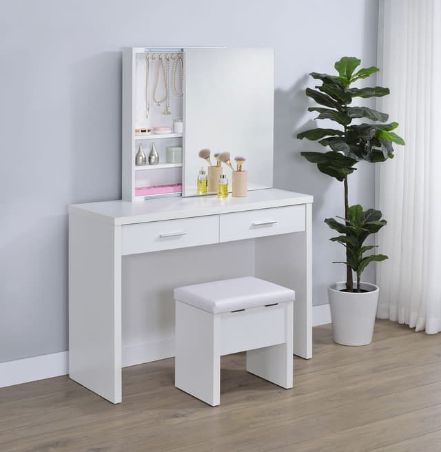 Bunbury Makeup Vanity Table Set Storage Mirror and Stool White — photo 3