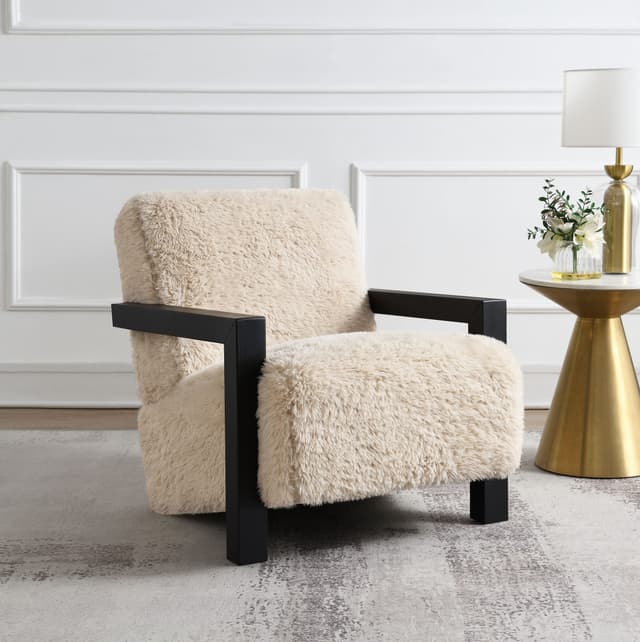 Fitzroy Faux Fur Upholstered Chair Solid Wood Arms Latte — photo 2