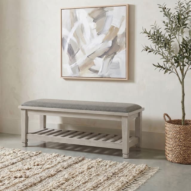 Franco Fabric Upholstered Bench with Shelf Distressed White — photo 2
