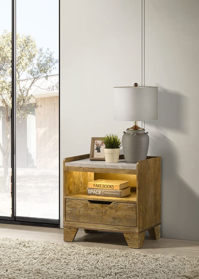 Henderson 1-drawer LED Nightstand Bedside Table Medium Oak — photo 2