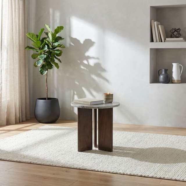 Jenna Round Marble Top Mango Wood Side End Table Brown — photo 2