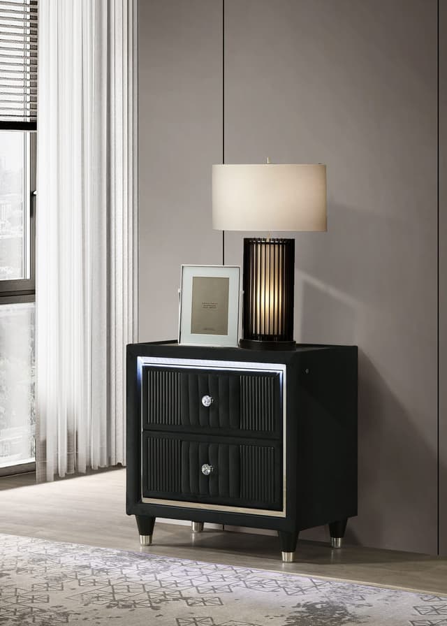 Ravenne 2-drawer Velvet Upholstered LED Nightstand with USB Black — photo 2