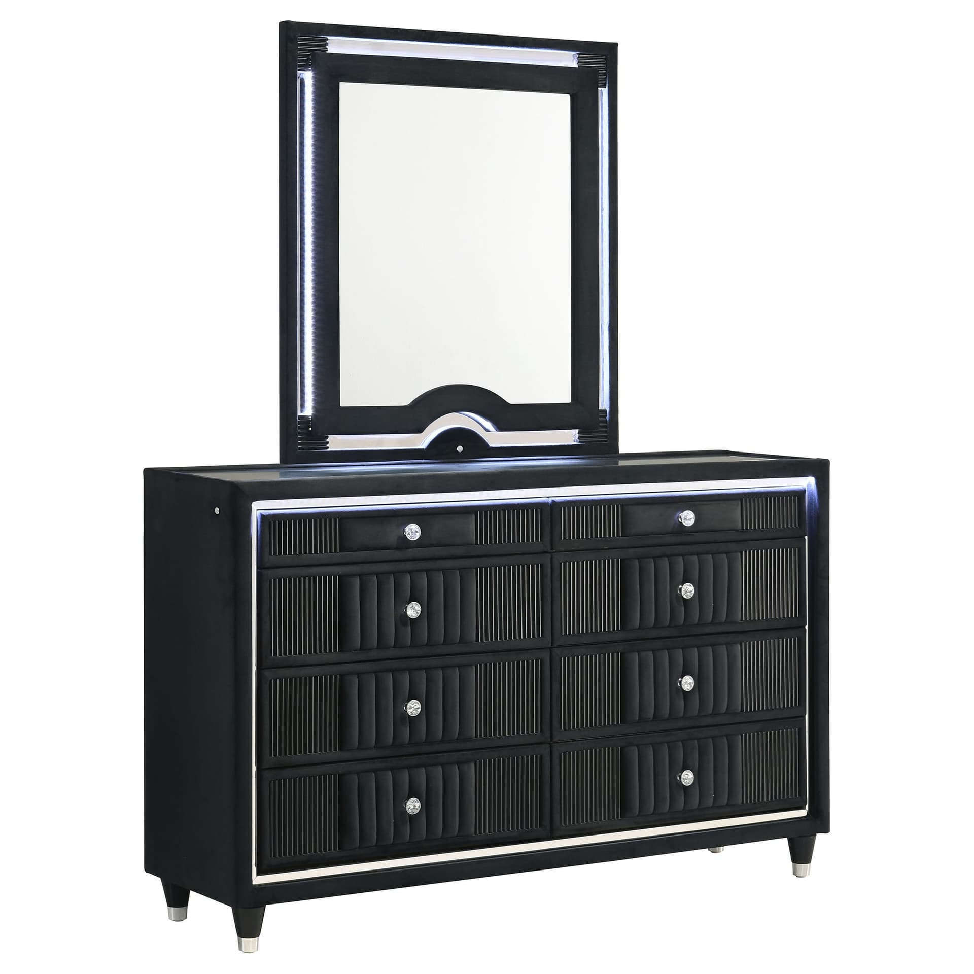 Ravenne 8-drawer Velvet Upholstered LED Dresser and Mirror Black