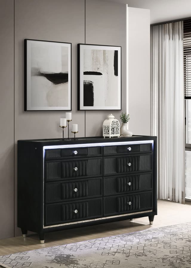 Ravenne 8-drawer Velvet Upholstered LED Dresser Cabinet Black — photo 2