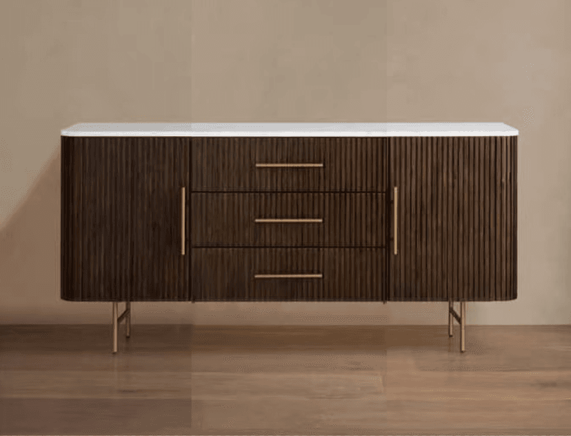 Modern 2-Door 3-Drawer Sideboard with Sintered Stone Top, Dark Wood Grain