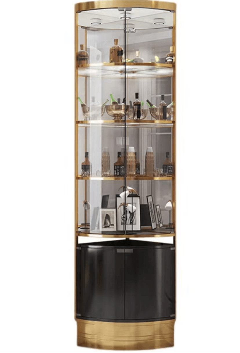 Corner Glass Wine Display Cabinet with Lighting, Black and Gold