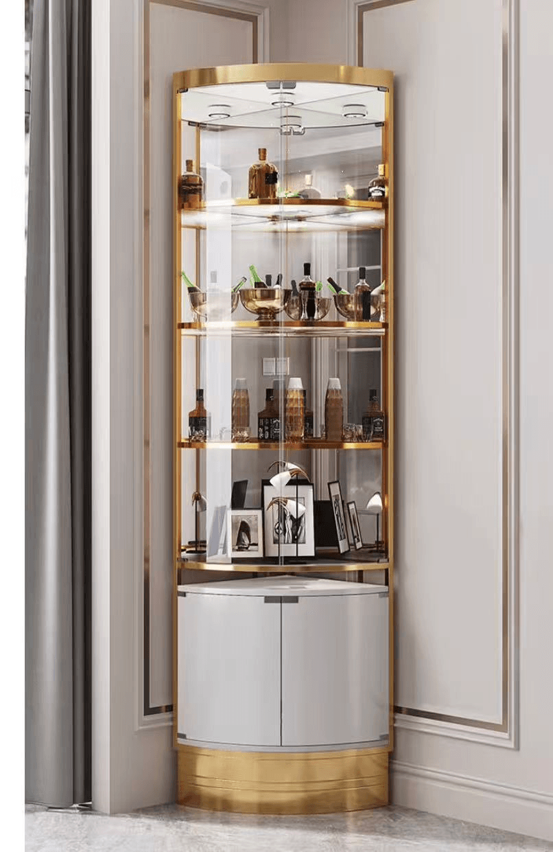 Corner Glass Wine Display Cabinet with Lighting, White and Gold