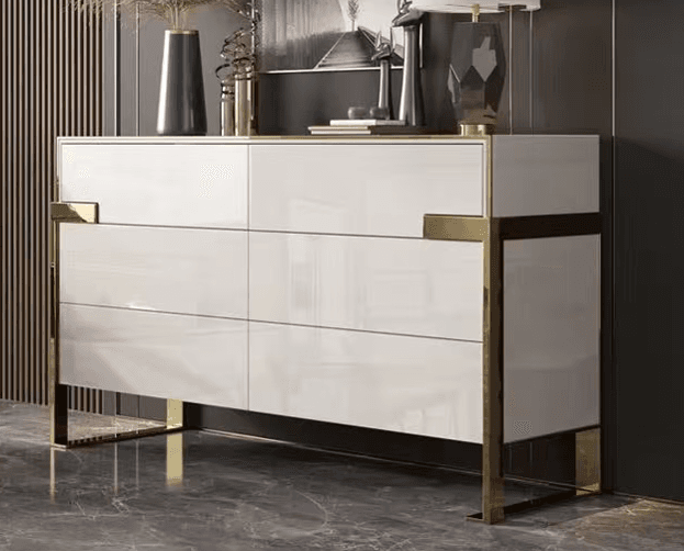 High-Gloss White 6-Drawer Storage Cabinet with Gold Frame