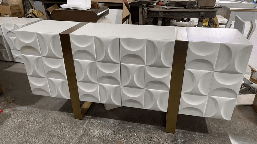 Cream 3D Relief Sideboard with Gold Stainless Steel Base