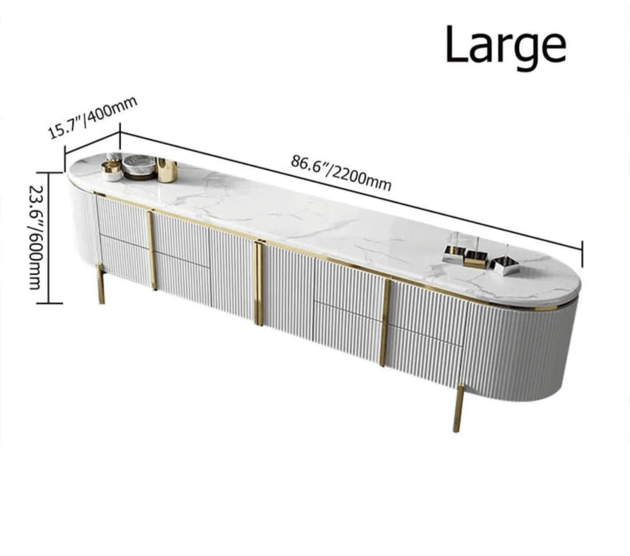 Curved 87-Inch TV Stand with Sintered Stone Top, Cream and Gold