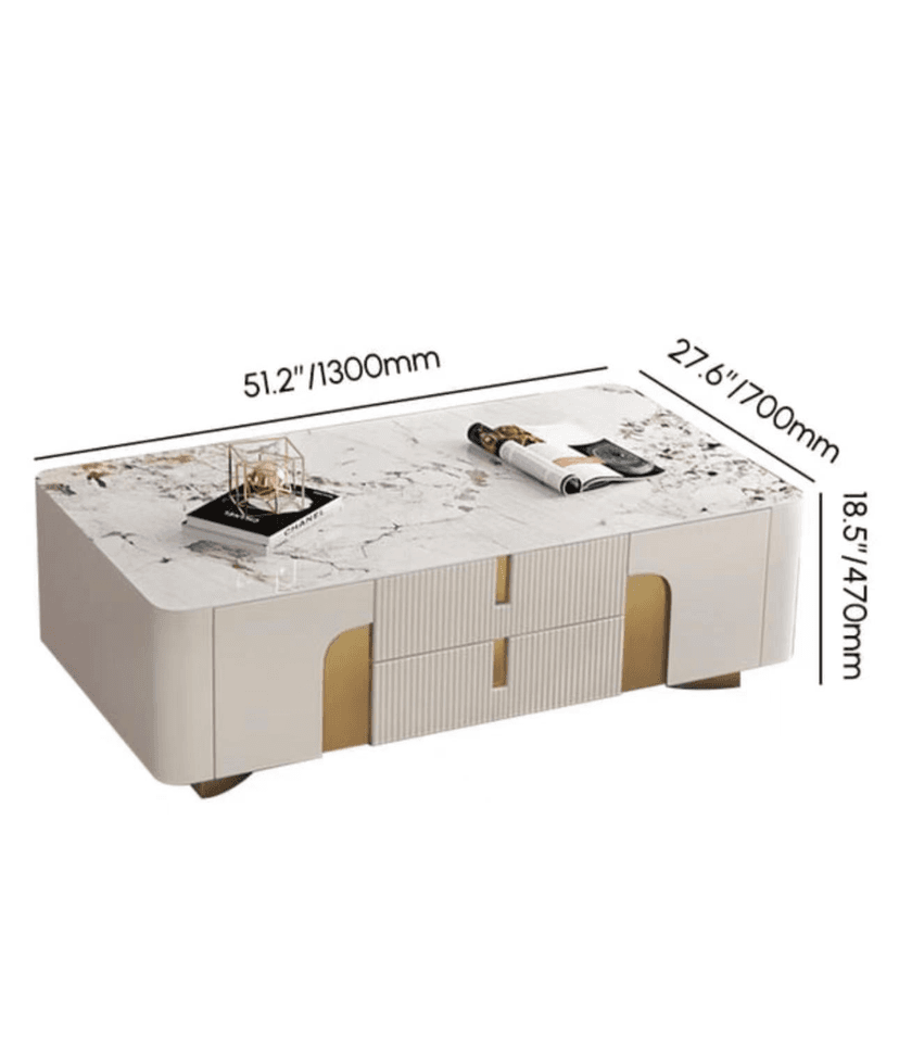 Rounded Sintered Stone Coffee Table with Drawers, Off-White and Gold