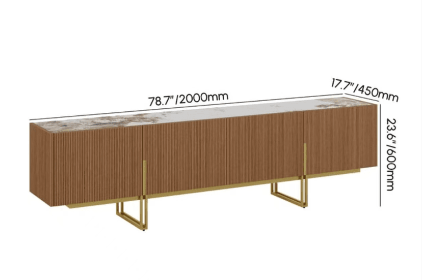 79-Inch Walnut TV Stand with Sintered Stone Top and Gold Legs