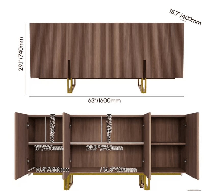 Walnut Fluted Sideboard with Gold Stainless Steel Legs