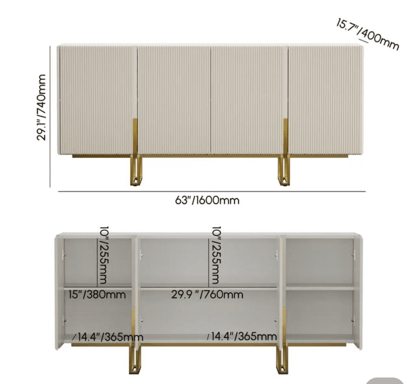 Cream Fluted Sideboard with Gold Stainless Steel Legs