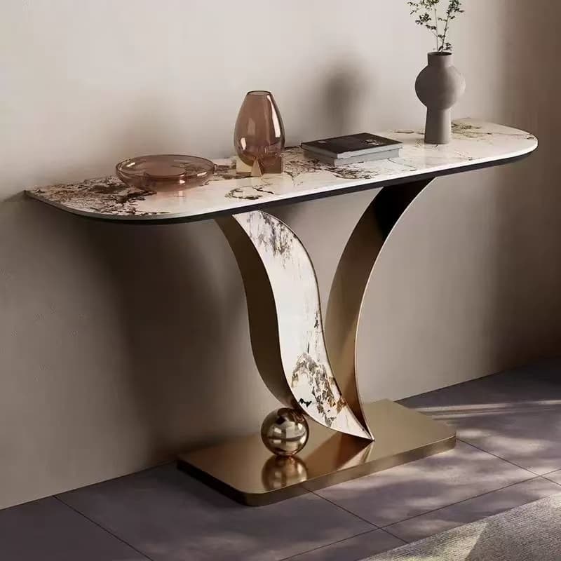 Sculptural Champagne Gold Console Table with Sintered Stone Top