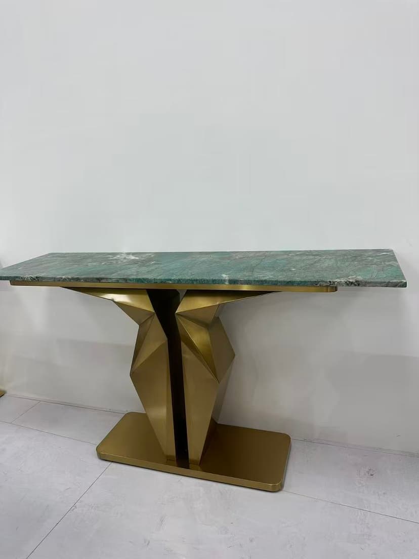 Geometric Gold Console Table with Green Sintered Stone Top