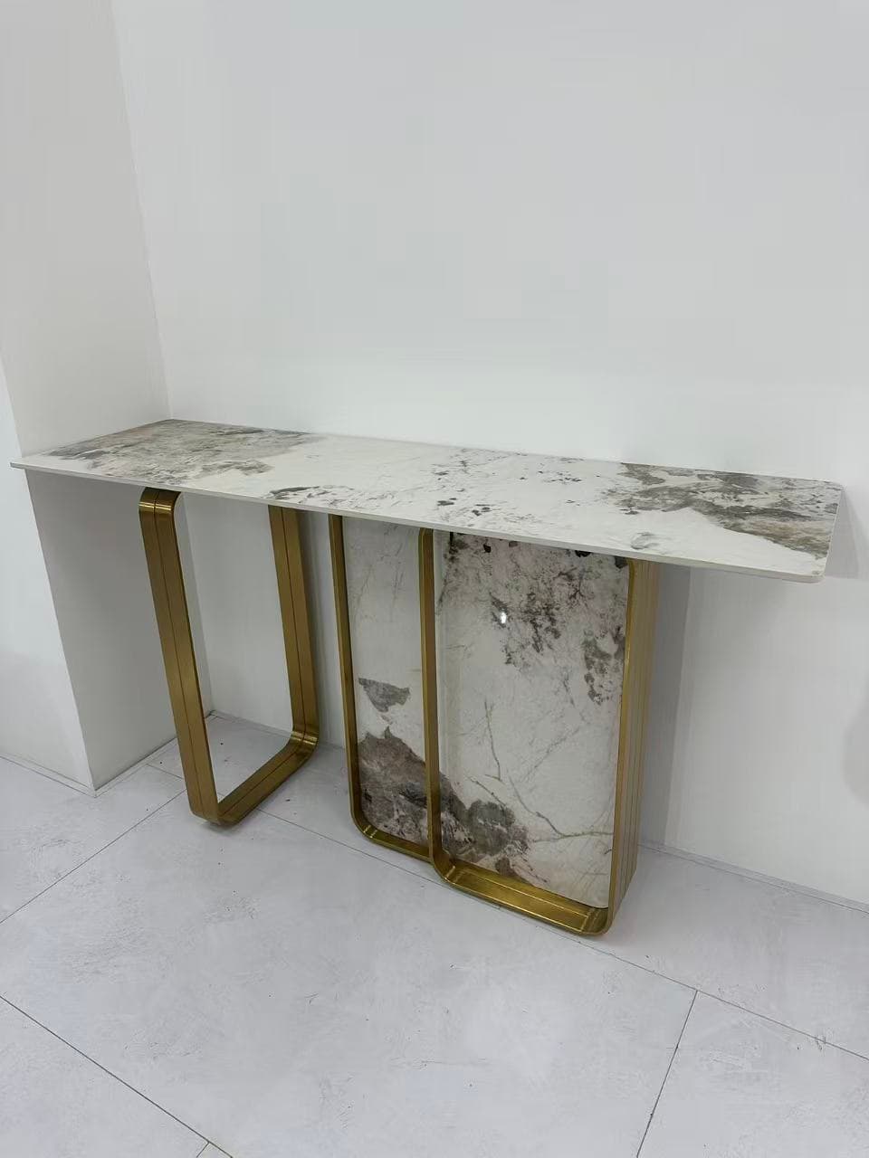 U-Frame Gold Console Table with White Sintered Stone Top