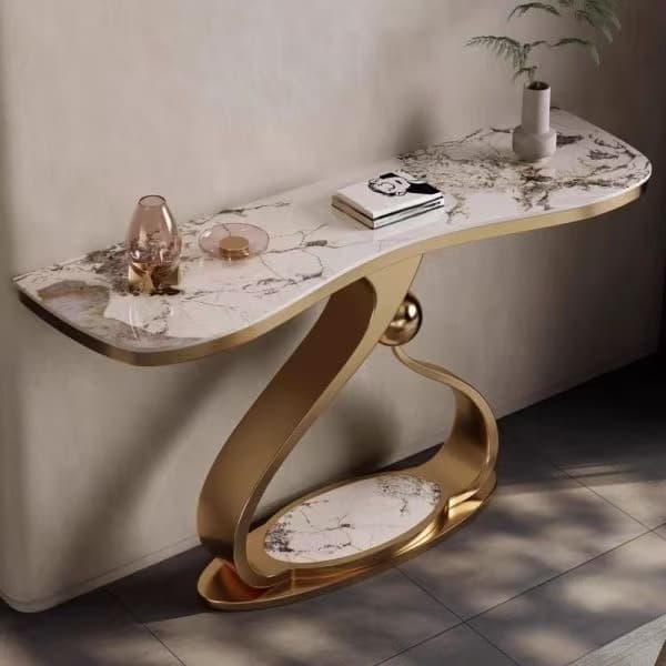 Wave-Top Console Table with Gold Ribbon Base and Sintered Stone