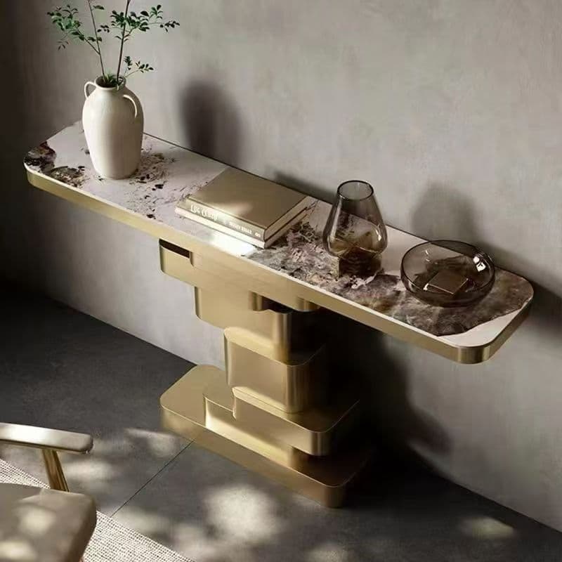 Tiered Gold Base Console Table with Organic Sintered Stone Top