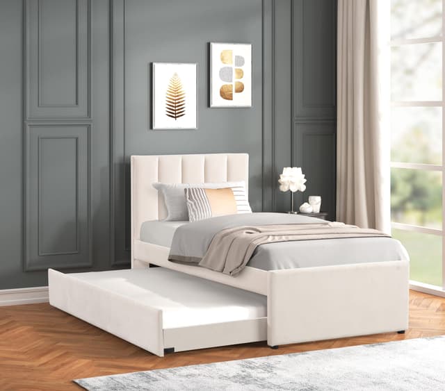 MAYA - Beige Twin Platform Bed w/ Trundle — photo 1