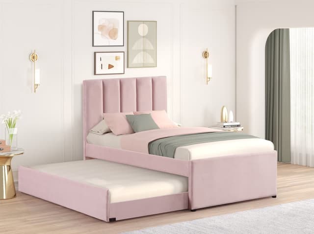 MAYA - Pink Twin, Full Platform Bed w/ Trundle — photo 3