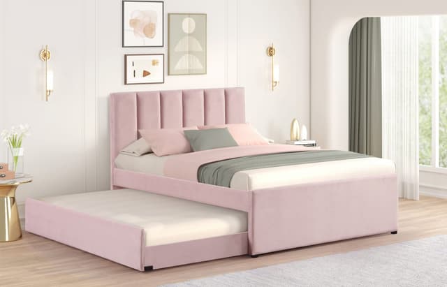 MAYA - Pink Twin, Full Platform Bed w/ Trundle — photo 1