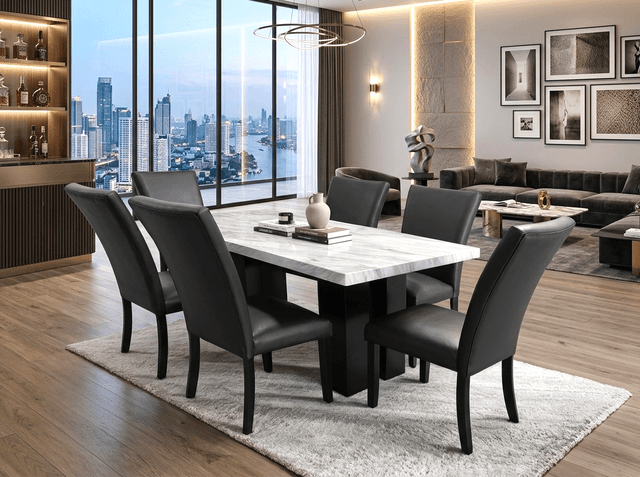 1220 PU Black - (FAUX MARBLE) Dining Table + 6 Chair Set — photo 2