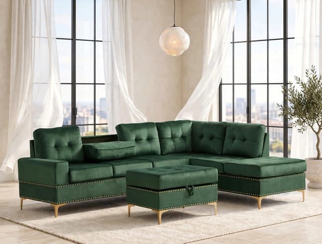 Anserra Green Reversible Sectional + Ottoman Set — photo 1