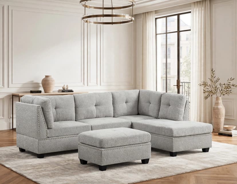 Sienna Boucle Gray Sectional + Ottoman Set